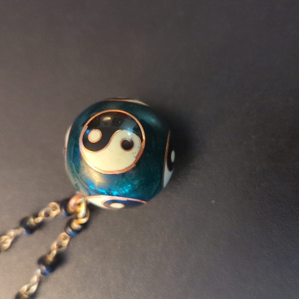 Vintage 90s Ying Yang Enamel Baoding Pendant on Black Glass Bead Necklace